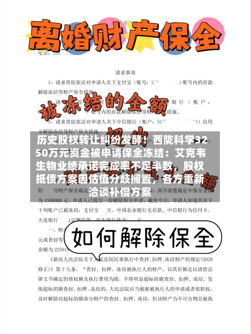 历史股权转让纠纷发酵!西陇科学3250万元资金被申请保全冻结:艾克韦生物业绩承诺完成率不足半数,股权抵债方案因估值分歧搁置,各方重新洽谈补偿方案