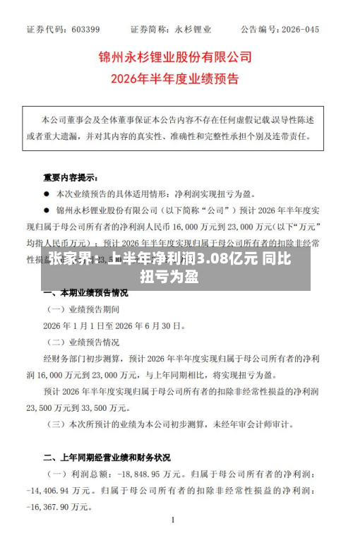 张家界:上半年净利润3.08亿元 同比扭亏为盈