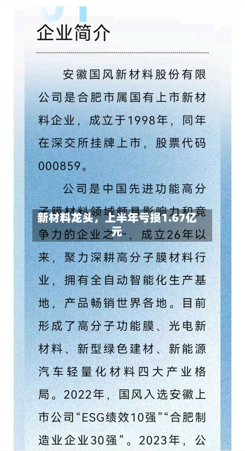 新材料龙头	，上半年亏损1.67亿元-第2张图片