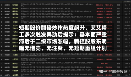 短期股价翻倍炒作热度飙升,艾艾精工多次触发异动后提示:基本面严重滞后于二级市场涨幅,新控股股东明确无借壳、无注资、无短期重组计划