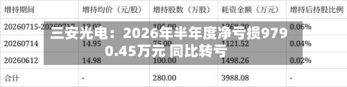 三安光电:2026年半年度净亏损9790.45万元 同比转亏