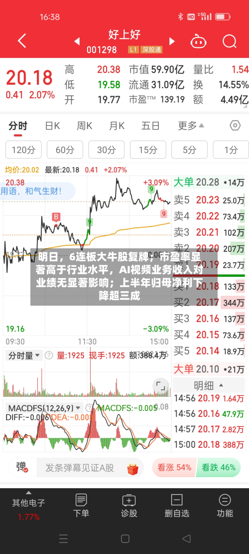 明日，6连板大牛股复牌；市盈率显著高于行业水平，AI视频业务收入对业绩无显著影响；上半年归母净利下降超三成-第3张图片