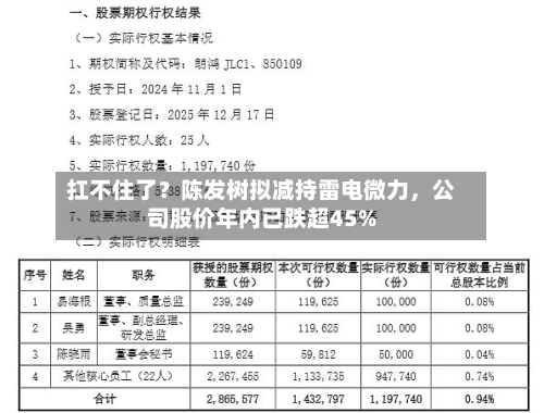 扛不住了？陈发树拟减持雷电微力，公司股价年内已跌超45%-第2张图片
