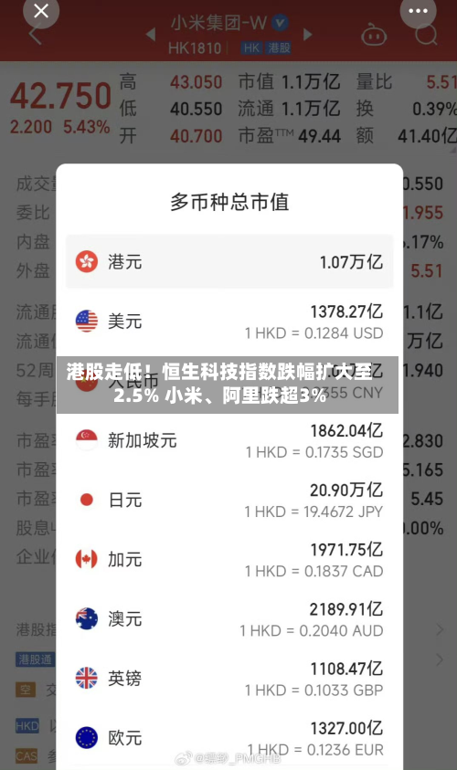 港股走低！恒生科技指数跌幅扩大至2.5% 小米	、阿里跌超3%-第1张图片