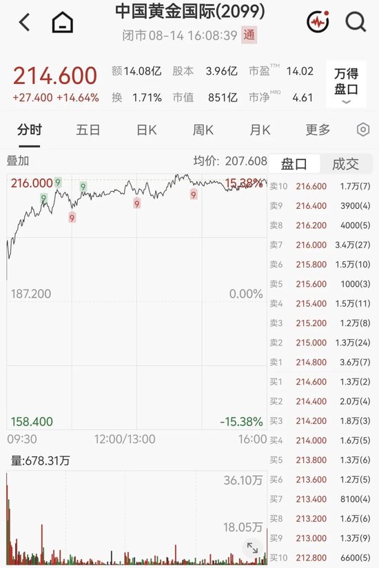 中国黄金国际	，逆市大涨近15%