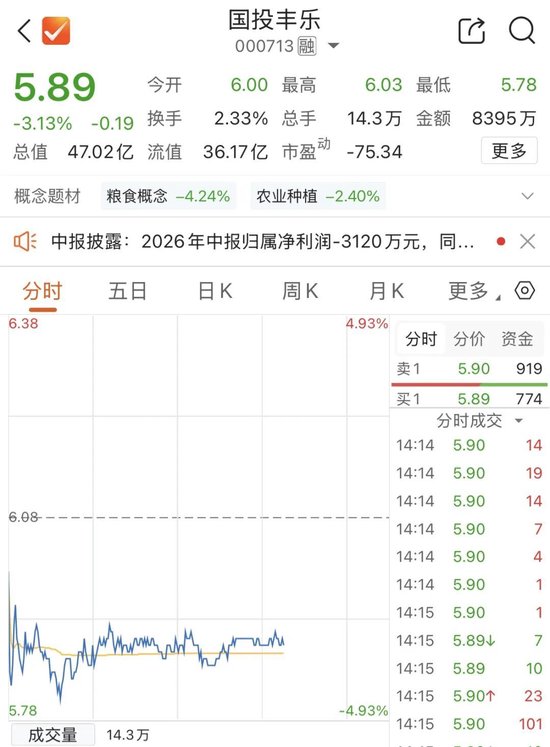 半年报亏损扩大，牛散逆势买入国投丰乐